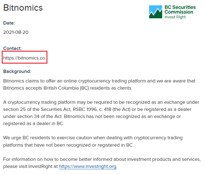 Bitnomics_BCSC_Warning