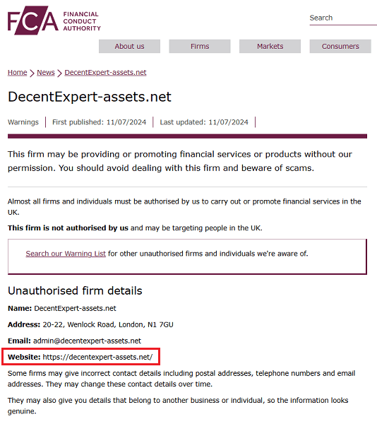 DecentExpertAssets_FCA_Warning