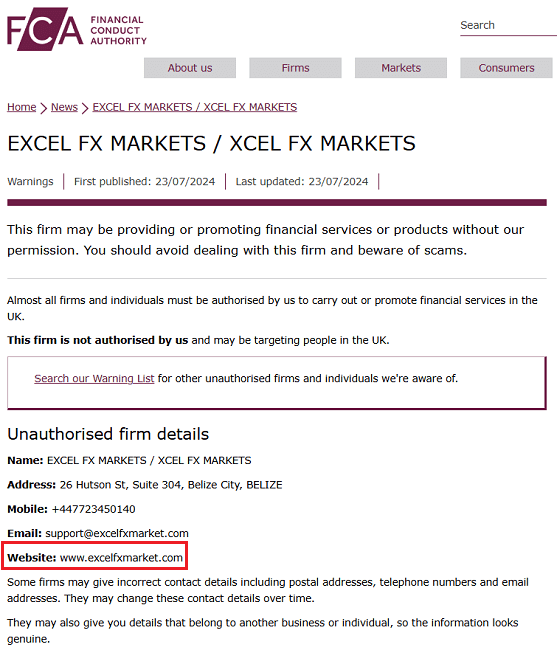 ExcelFXMarket_FCA_Warning