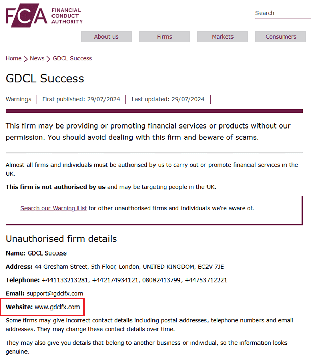 GDCLSuccessLTD_FCA_Warning