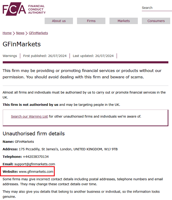 GFinMarkets_FCA_Warning