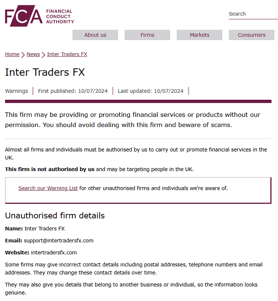 InterTradersFX_FCA_warning