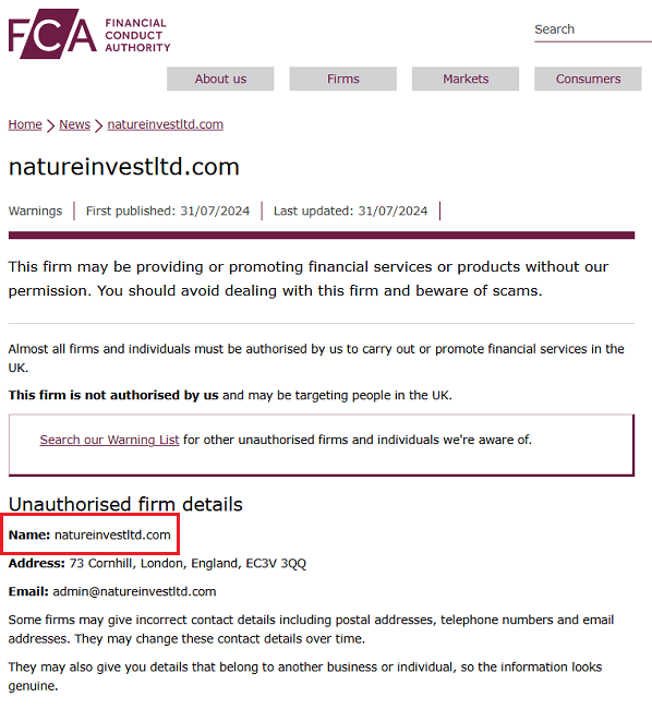 NatureInvestLtd_FCA_Warning