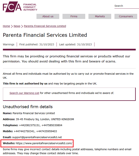 ParentaFinancialServices_FCA_Warning