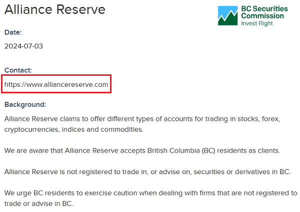 AllianceReserve_BCSC_warning