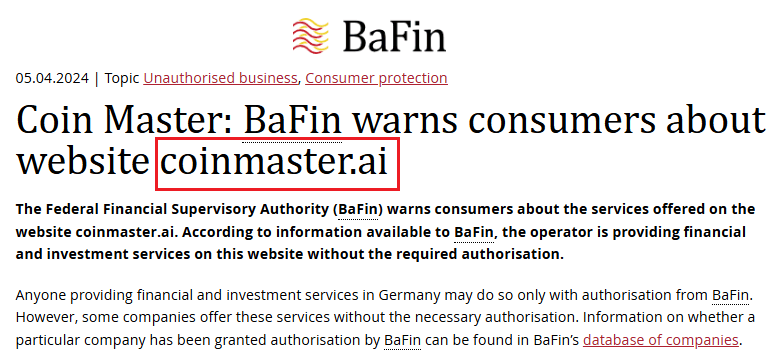 CoinMaster.ai_BaFin_Warning