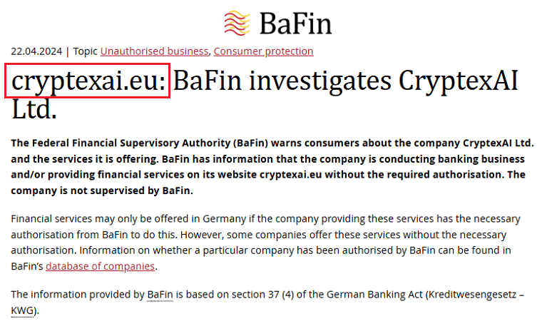 CryptexAI_BaFin_warning