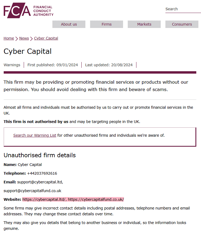 CyberCapital_FCA_warning