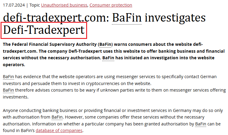 Defi-TradeExpert_BaFin_warning