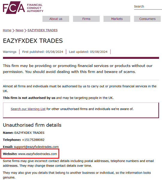 EazyfxdexTrades_FCA_Warning