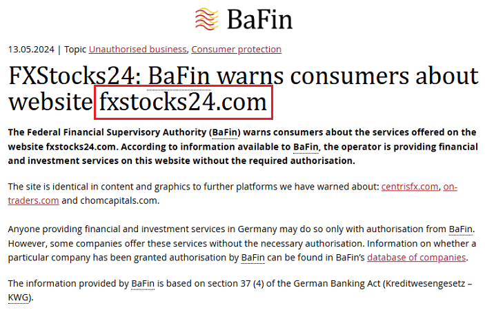 FXStocks24_BaFin_Warning