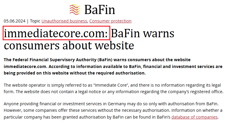 ImmediateCore_BaFin_warning