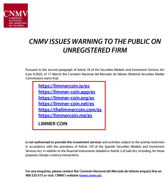 LimmerCoin_CNMV_warning