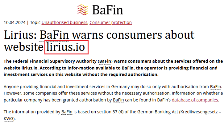 Lirius_BaFin_warning