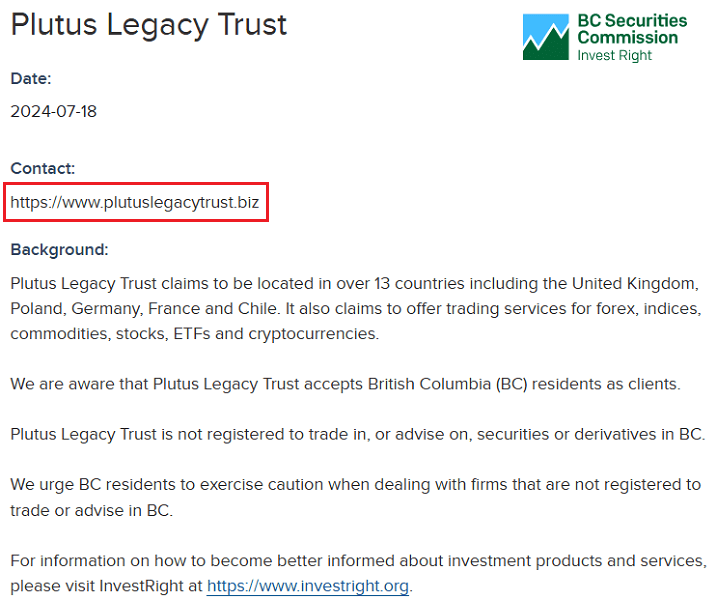 PlutusLegacyTrust_BCSC_Warning