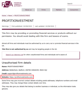 ProfitXinvestments_FCA_Warning