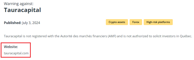 Tauracapital_AMF_warning