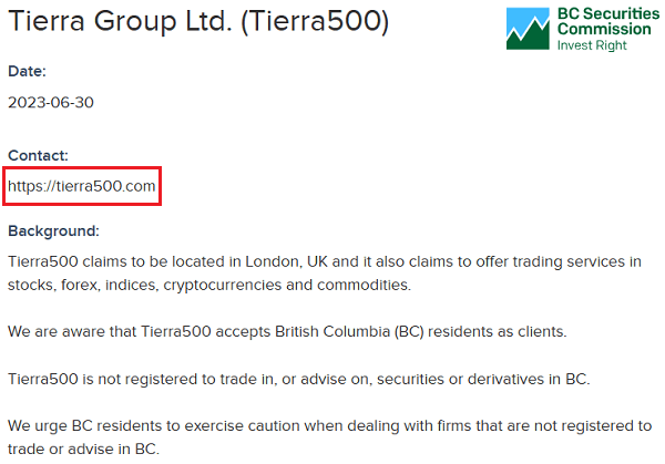 Tierra500_BCSC_warning